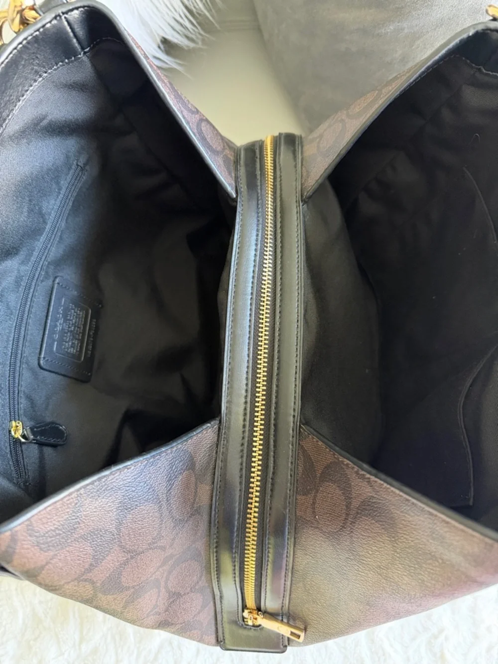 Coach Dark Brown Signature Canvas Shoulder Bag with Black Leather Straps - Picture 7 of 12